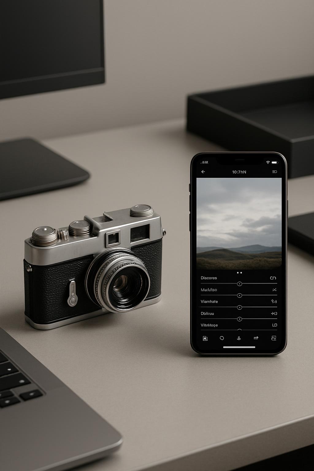 A smartphone displaying camera settings laid on a desk atop a laptop is paired with a small 35mm film camera, on a corners...